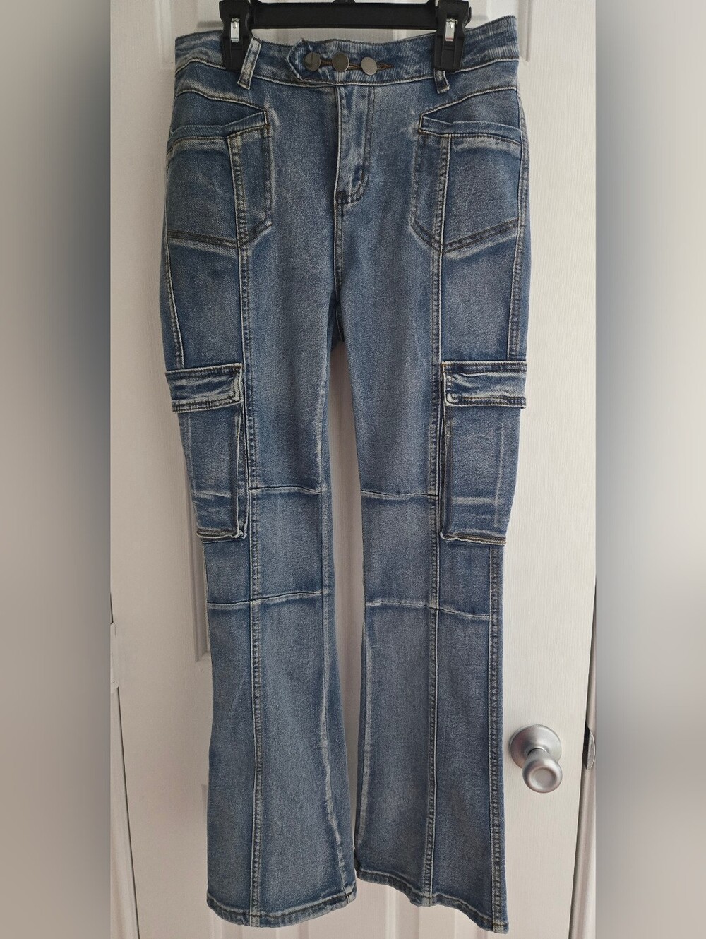 Your Cute Jeans Y2K Paneled Flare Cargo Denim Blue Juniors Size 9 NWOT